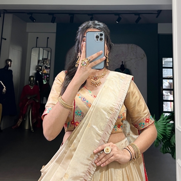 Elegant Cream and Gold Embroidered Lehenga - Picture 9 of 10